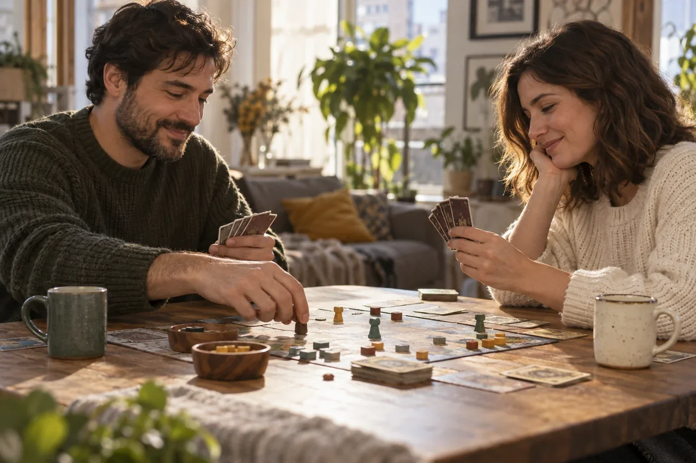 Dos adultos comparten una partida de cartas en una mesa de madera